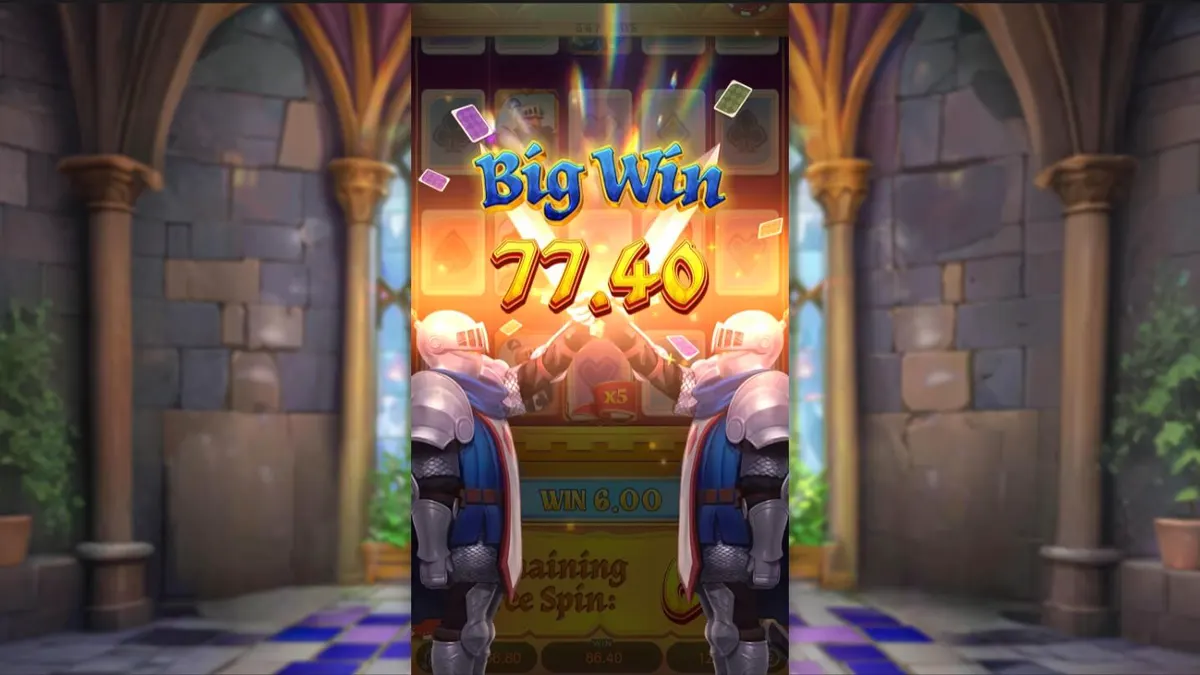 Tampilan visual slot Poker Kingdom Win dengan tema abad pertengahan dan simbol kartu.